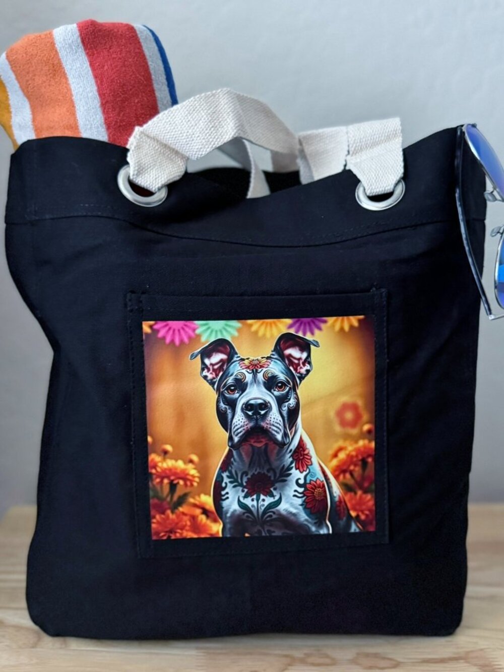 New One Of A Kind Pit Bull Sugar Skull Dog Black Canvas Shoulder Tote Bag